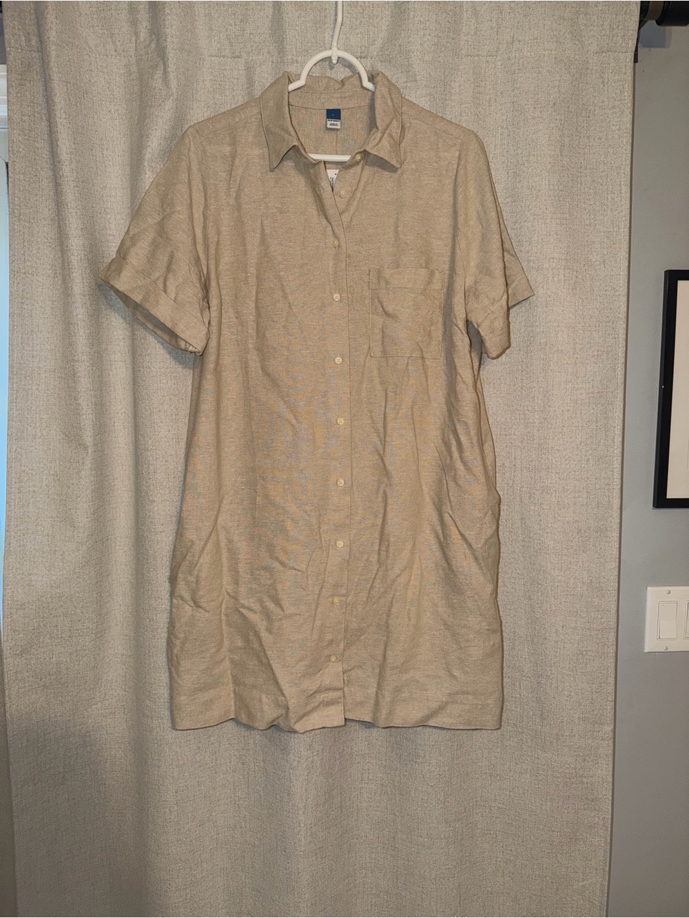 Beige Short-Sleeve Button-Up Shift Dress